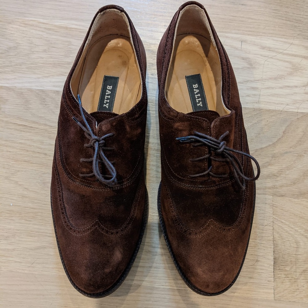 Bally wingtip oxfords, brown suede, size 9.5